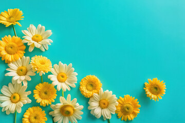 Bright daisies and cheerful blossoms create a vibrant, joyful arrangement on a stunning turquoise background during springtime. Generative AI