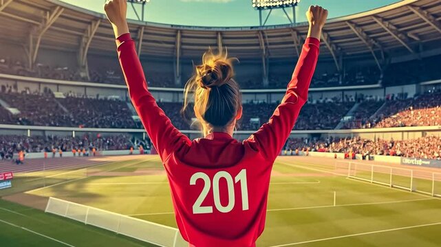 A young caucasian woman with her hair in a bun celebrates triumphantly in a stadium, raising her arms high. Wearing a red jersey numbered 201, she exudes joy and accomplishment. It's a sunny day,