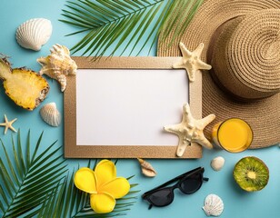 Summer tropical theme background, flat lay composition with a space for a text