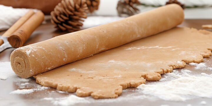 A long roll of dough is being rolled out on a table. The dough is covered in flour and has a slightly brownish color. There are also some pine cones on the table - Powered by Adobe