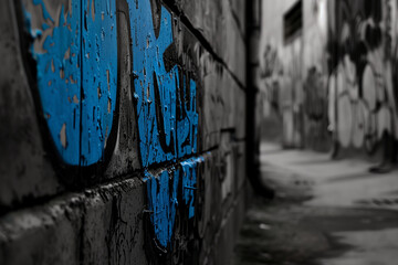 A monochrome image of a dilapidated urban narrow back alley with peeling blue graffiti.