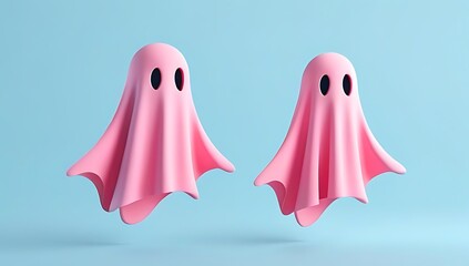 A rendering of pink ghost silhouettes set against a light blue background, showcasing a modern and creative Halloween illustration that embodies a trendy Halloween concept