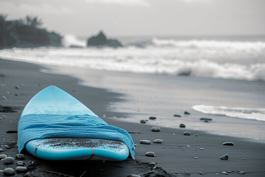 Monochrome image of a beach ocean scene with a blue surfboard and a towel lying on the beach. Stormy sea with copy space.