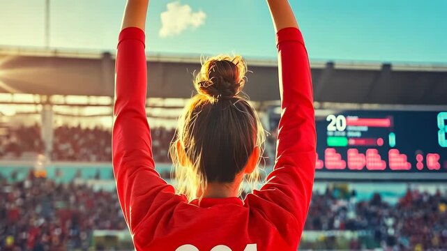 A young woman, likely in her 20s, with her hair in a bun, wearing a red sports jersey numbered 201, raises her arms in victory at an outdoor stadium. The sun is setting, creating a vibrant,