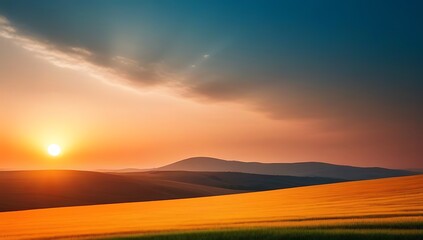 A beautiful and dramatic sunset landscape featuring a vibrant sky over rolling hills, with evening rays of sunlight illuminating the field. This scene captures the beauty of nature and the modern ener