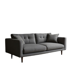 Fototapeta premium A modern gray sofa with a sleek, minimalist design. The sofa has a comfortable upholstered seat and back supported by sturdy black legs.