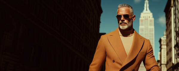 High fashion concept. Portrait of fashionable mature male model walking in luxurious clothing among Ney York skyscrapers. Luxury brands campaign style. Banner. Outdoor shot