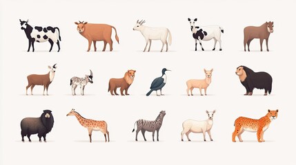 Fototapeta premium Cute animals collection farm animals wild animals marina animals isolated on white background. Illustration design template