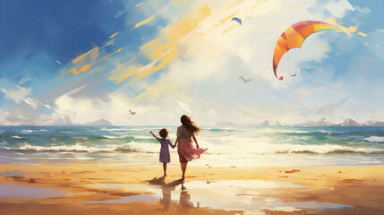 Obraz premium On Mother Day A mother and her young girl on the beach