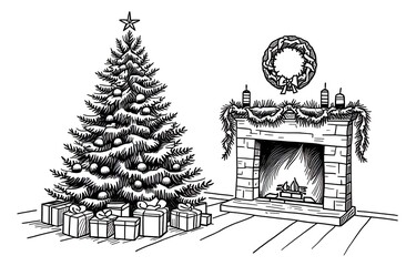 Fototapeta premium christmas tree near fireplace coloring page