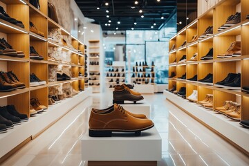 A shoe store with a lot of shoes on display. The store is well lit and the shoes are arranged on pedestals