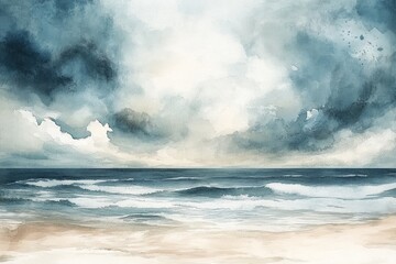 Watercolor Painting of a Seascape with Stormy Clouds