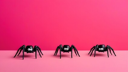Fototapeta premium A creative Halloween concept showcasing scary spiders posing for a picture against a pink background, featuring a minimalistic holiday composition