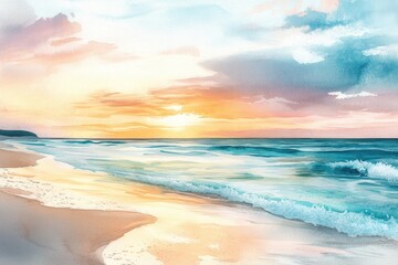 Watercolor Painting of a Coastal Sunset with Waves Crashing on the Shore