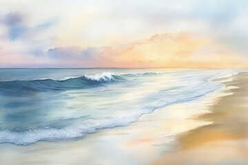 Fototapeta premium Watercolor Painting of a Sunset Over the Ocean with a Wave Breaking on the Shore