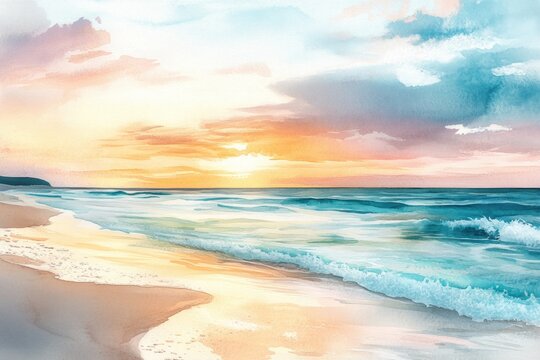 Watercolor Painting of a Coastal Sunset with Waves Crashing on the Shore - Powered by Adobe