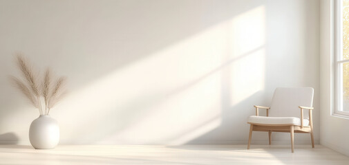 A white room with a chair and a vase