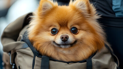 Pomeranian Puppy Peeking Out of Backpack - Adorable Canine on an Outdoor Adventure with Its Owner
