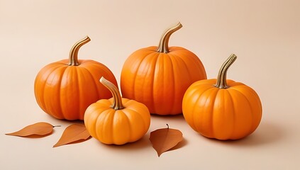 A flat lay of stylish Halloween pumpkins and dried leaves on a soft pastel beige background, creating an elegant autumn vibe