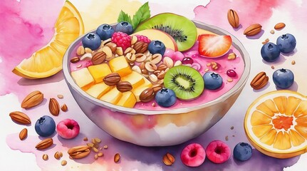 Delicious yogurt with fresh fruits and nuts, colorful watercolor style, healthy and refreshing