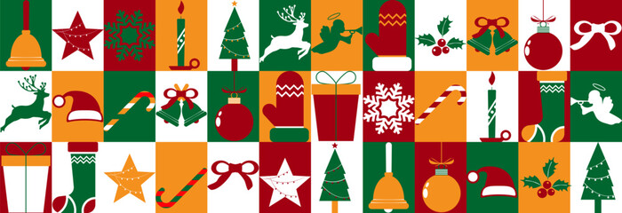Stylish New Year's Christmas Bauhaus collage. Gift wrap or holiday banner. Seamless pattern.