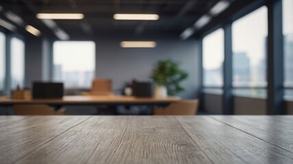 empty wooden surface for product display with a blurred business office in background