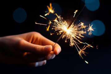 A hand holding a sparkler during a nighttime celebration, lighting up the darkness with vibrant sparks