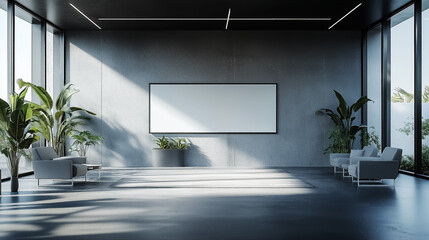 Fototapeta premium Spacious modern lounge area with minimalist design and bulletin board, ideal for corporate presentations or events.