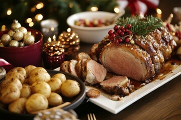 A festive holiday dinner featuring a beautifully cooked roast with sides of potatoes and vibrant decorations in a cozy setting