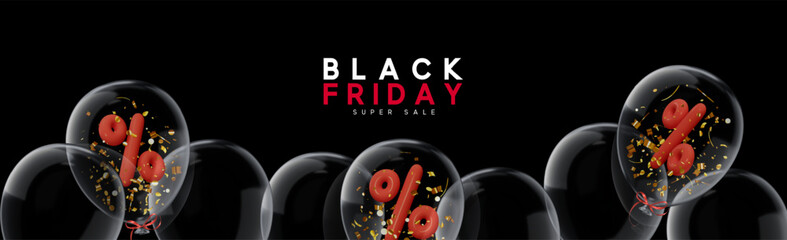 Black Friday Super sale Horizontal banner, web header. Realistic 3d design transparent balloons with red percent symbols and gold confetti floating under text on dark background. Vector illustration