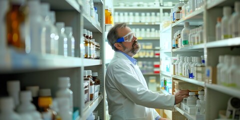 Pharmacist in safety goggles organizing medicine bottles on shelves in a pharmacy storage room