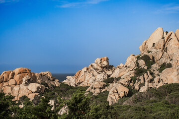 Fototapeta premium Giant rocks animal like over sea cliffs of Capo Testa in northern Sardinia region, Italy