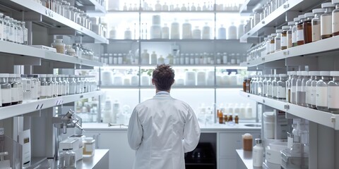 Rear view of a pharmacist in a modern laboratory surrounded by shelves filled with various medicine bottles