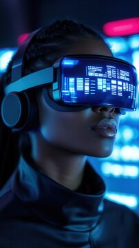 A woman wearing virtual reality glasses immerses in futuristic technology, illuminated by vibrant blue lights.