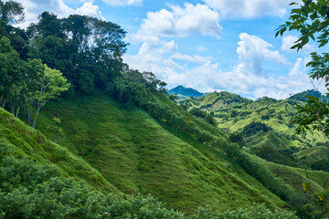 Green hill with grass and trees, mountains in the background with blue sky and clouds