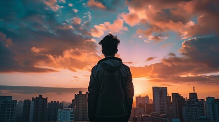 Silhouette of Person Watching Urban Sunset Over Cityscape - Stunning Photograph of City Skyline During Sunset