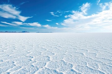 White Salt Flats Under Blue Sky With Distant Mountains