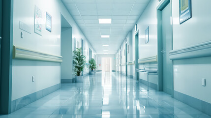 Long hallway with white walls and a white ceiling. The walls are decorated with posters and there is a plant in the middle of the hallway. The hallway is empty and the light is on