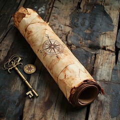 Handmade paper scroll with key and a compass 