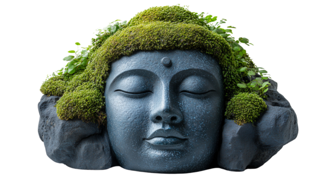 image of a Buddha head statue with moss covering parts of it, set against a PNG background