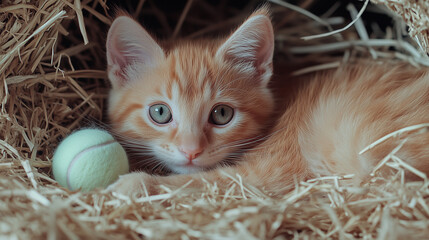 Playful orange kitten with green eyes lying next to tennis ball in straw
