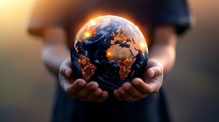 Fototapeta premium Person holding a globe filled with glowing ideas, representing global creativity in business, world of ideas, international business innovation