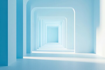 Fototapeta premium Abstract Minimalist Corridor: A mesmerizing architectural composition of archways and blue hues, bathed in soft light, creating a sense of depth and ethereal beauty. 
