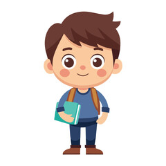 Cute Boy with Backpack and Book Cartoon Vector Icon Illustration on a White Background