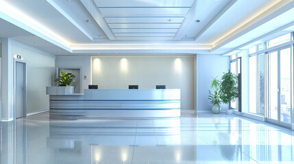 Large lobby with a white counter and a plant. The lobby is very clean and bright, giving off a professional and welcoming atmosphere