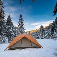 camping in winter in the mountains. tent in idyllic winter landscape in the mountains