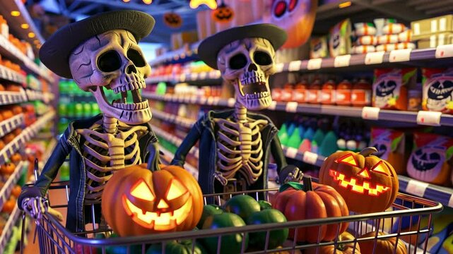 Halloween shopping: skeletons and pumpkins in supermarket aisle