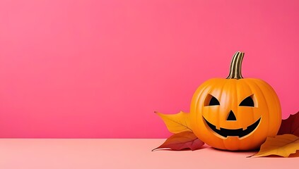 Fototapeta premium pink background with halloween pumpkin smiling colorful autumn space write text decoration 