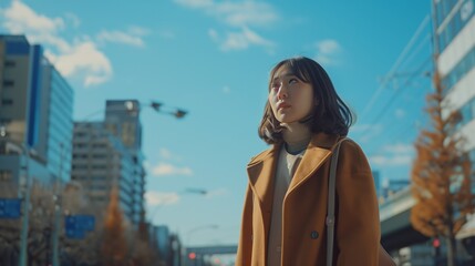 Fototapeta premium Young Woman in Cityscape with Blue Sky and Modern Buildings