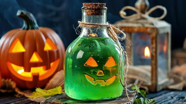 Glowing green potion with jack-o'-lantern and rustic halloween decor